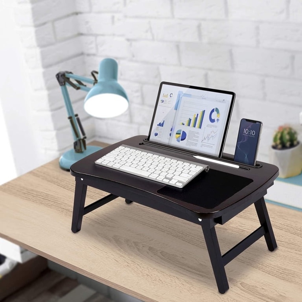 Birdrock Home Curved Wood Lap Tray with Foldout Legs, Storage drawer NWT Laptop